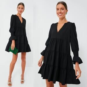 🚨NEW POMANDER PLACE Tuckernuck Black Crepe Kenzo Tiered Mini Dress Sz Small